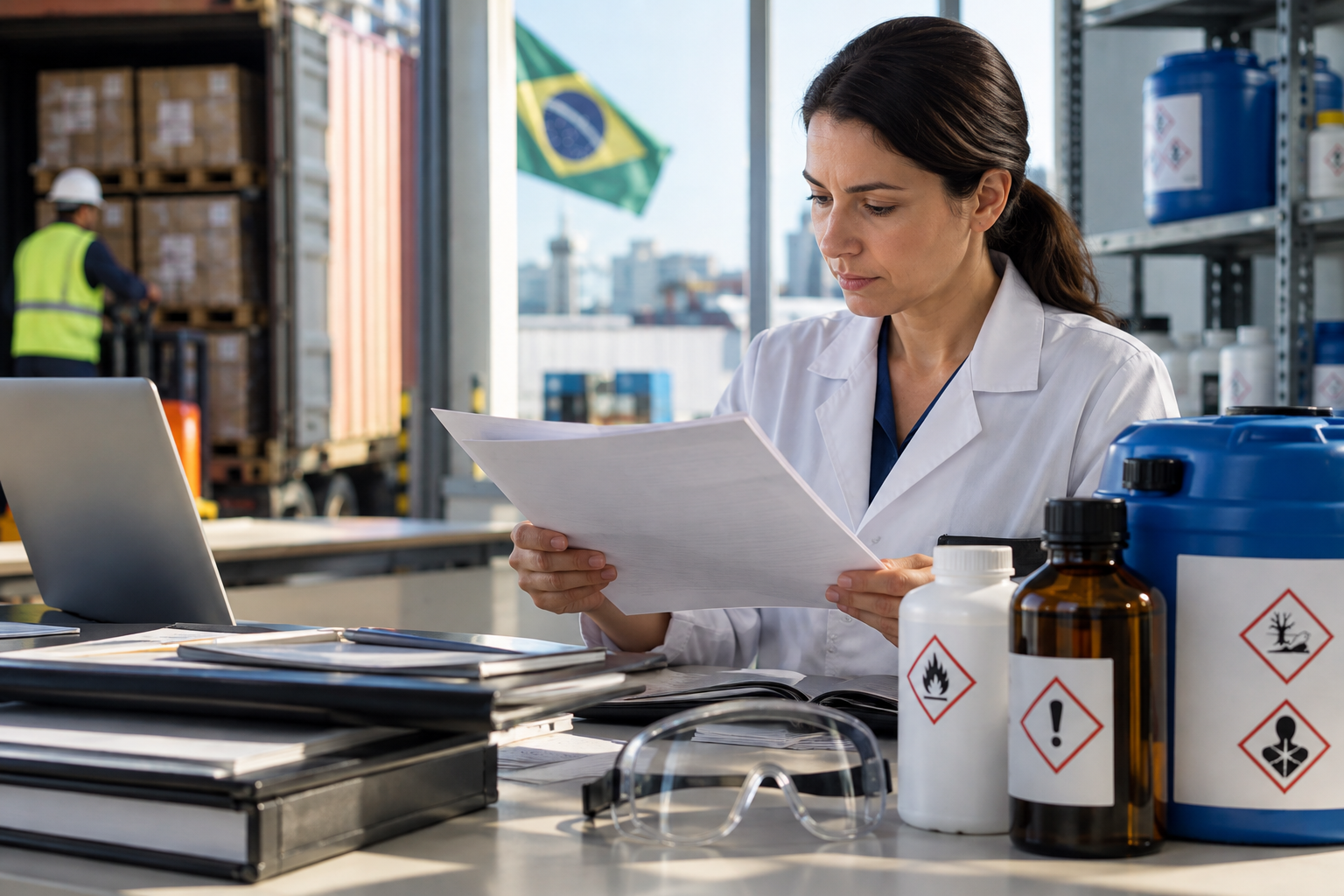 Profissional consultando uma ficha de segurança ao lado de embalagens identificadas de produtos químicos em almoxarifado industrial