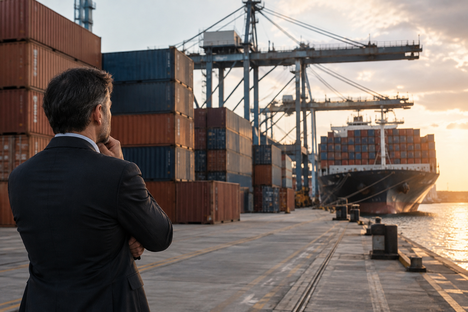 Contêineres em área de armazenagem de terminal portuário, vistos em perspectiva