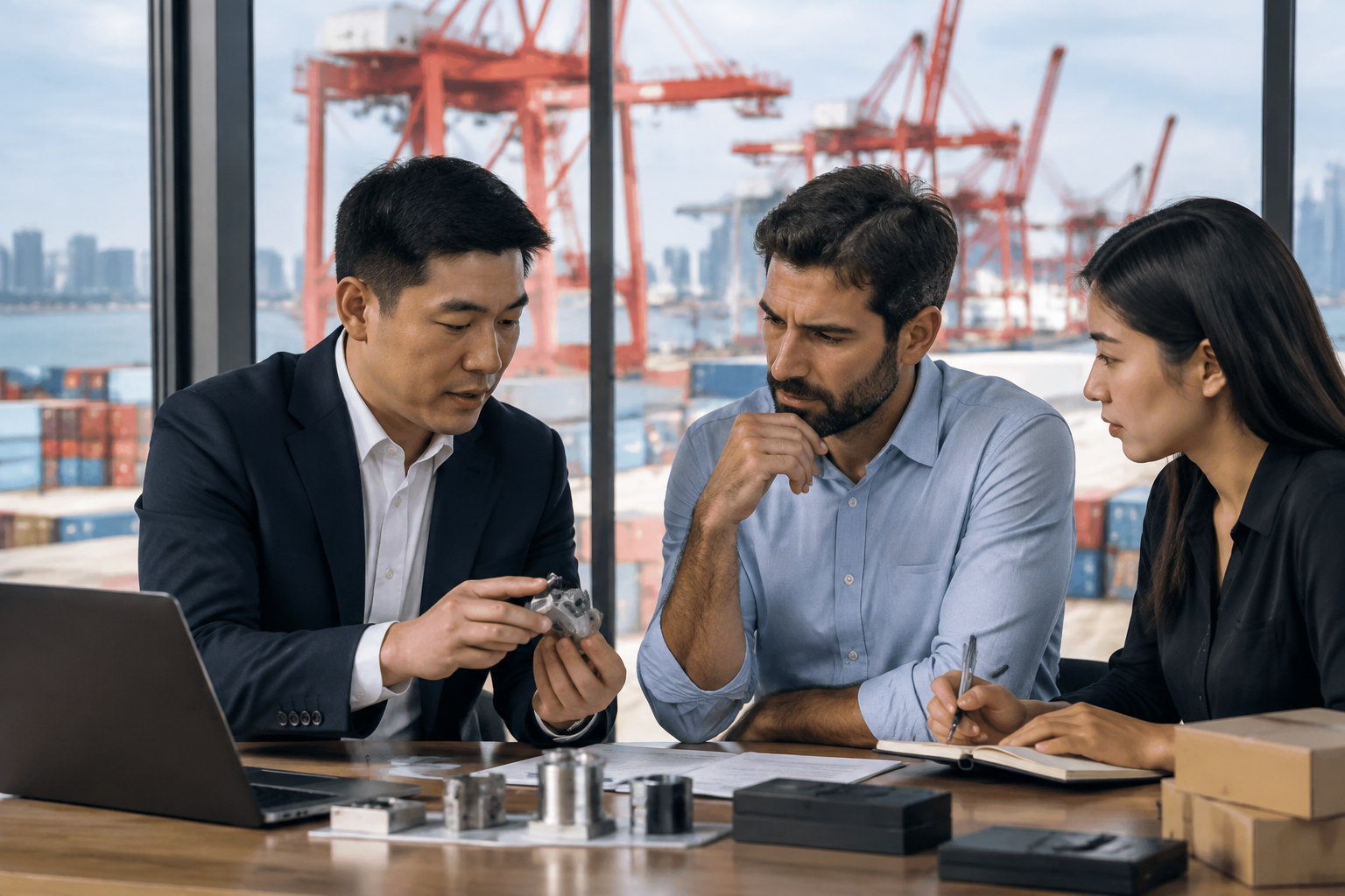 Profissional consulta registros empresariais e organiza informações de fornecedores chineses em uma planilha de qualificação.