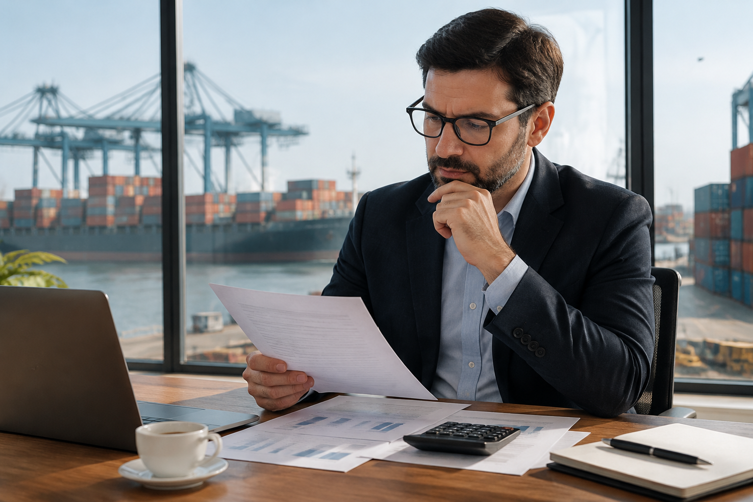 Calculadora ao lado de proposta comercial de importação com condições de pagamento à vista e a prazo
