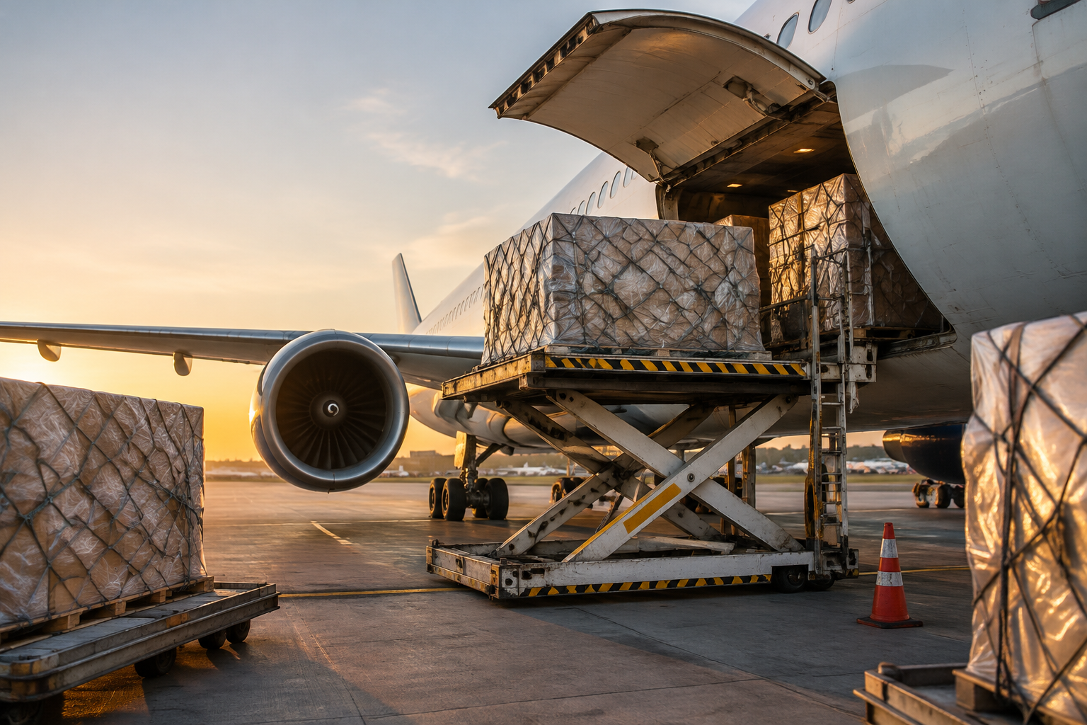 Caixas sobre balança em terminal de carga aérea, com conferência de peso e dimensões para cálculo do frete