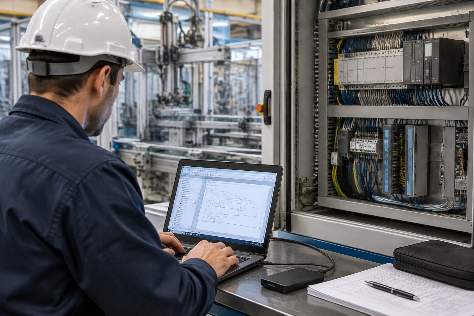 Detalhe de controlador lógico programável e módulos identificados no painel elétrico de uma máquina industrial.