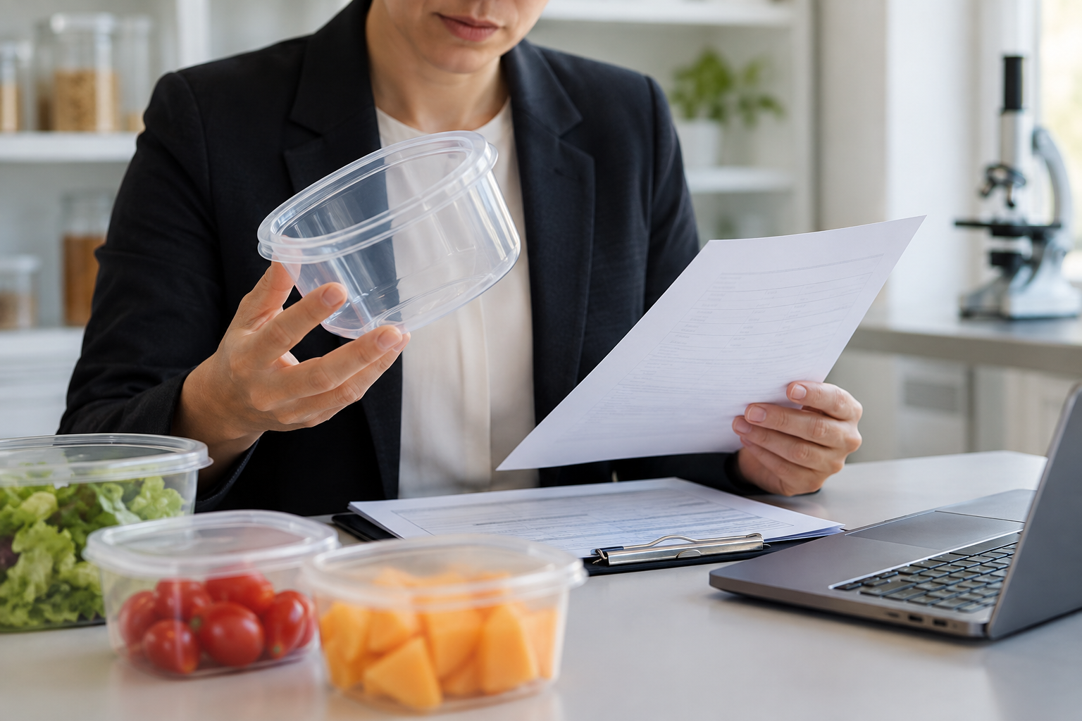 Pote plástico para alimentos com tampa e anel de vedação separados, ao lado de um relatório de ensaio de migração