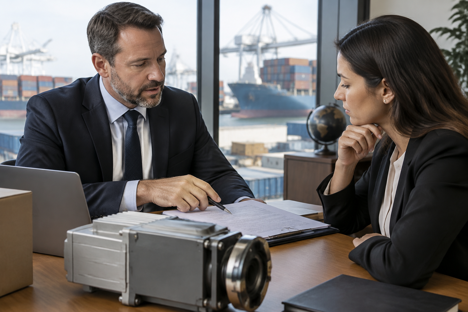 Formulário de declaração de usuário final ao lado da documentação técnica de um equipamento industrial