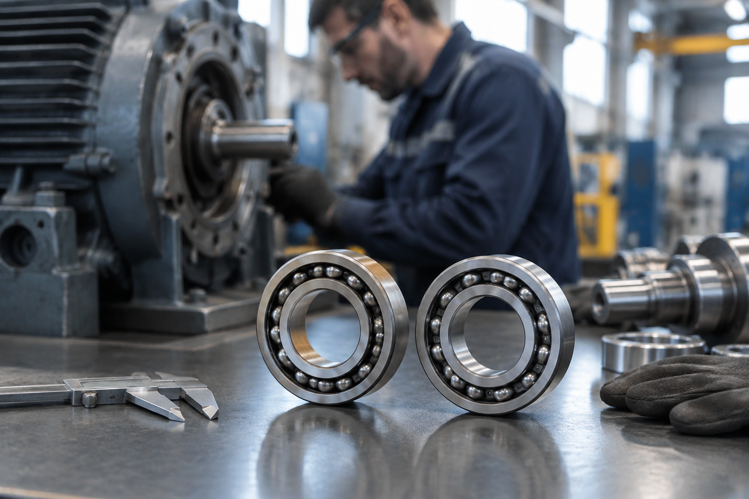 Detalhe de rolamento rígido de esferas ao lado de eixo e desenho técnico de montagem industrial