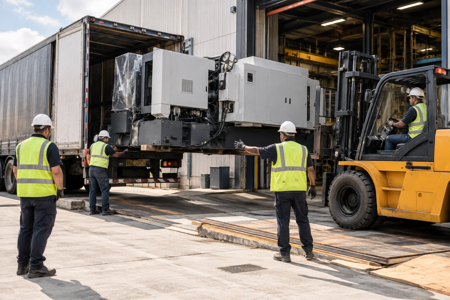 Movimentação de máquina industrial em galpão, com área isolada e equipe acompanhando o posicionamento do equipamento.
