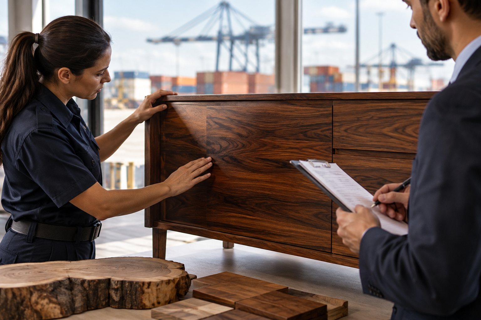 Detalhe de lâminas de madeira e componentes de um móvel ao lado de uma ficha de identificação de materiais.