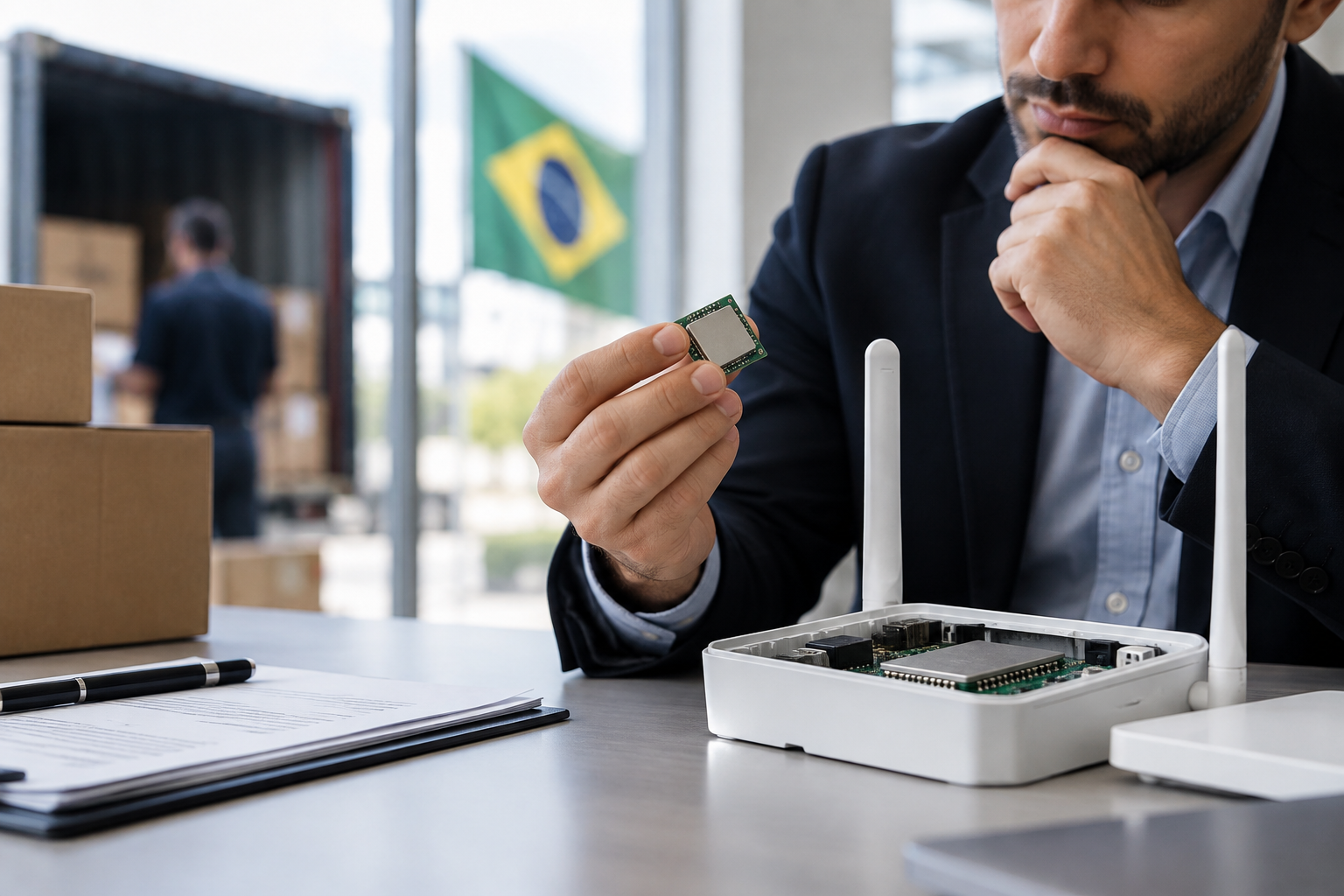 Detalhe de módulo Wi-Fi e conexão de antena na placa eletrônica de um equipamento conectado