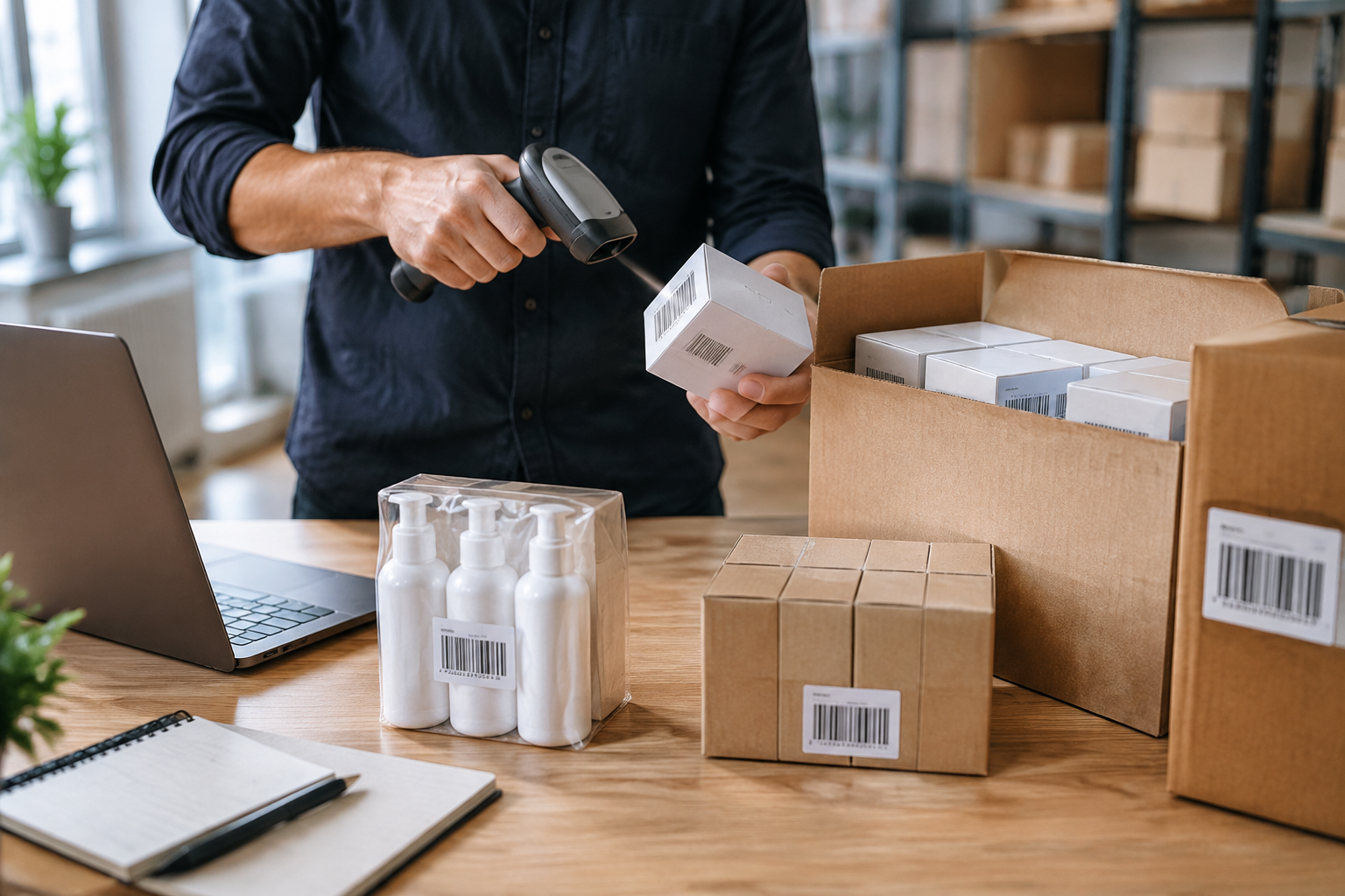 Embalagens de produto com códigos de barras ao lado de uma ficha de cadastro para marketplace