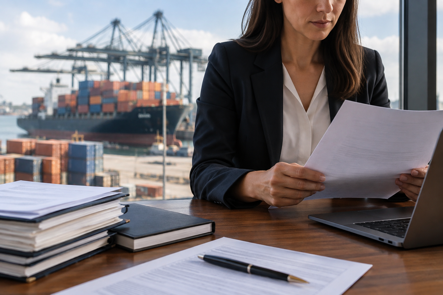 Mesa de trabalho com notebook e documentos para análise da habilitação de uma empresa no Siscomex