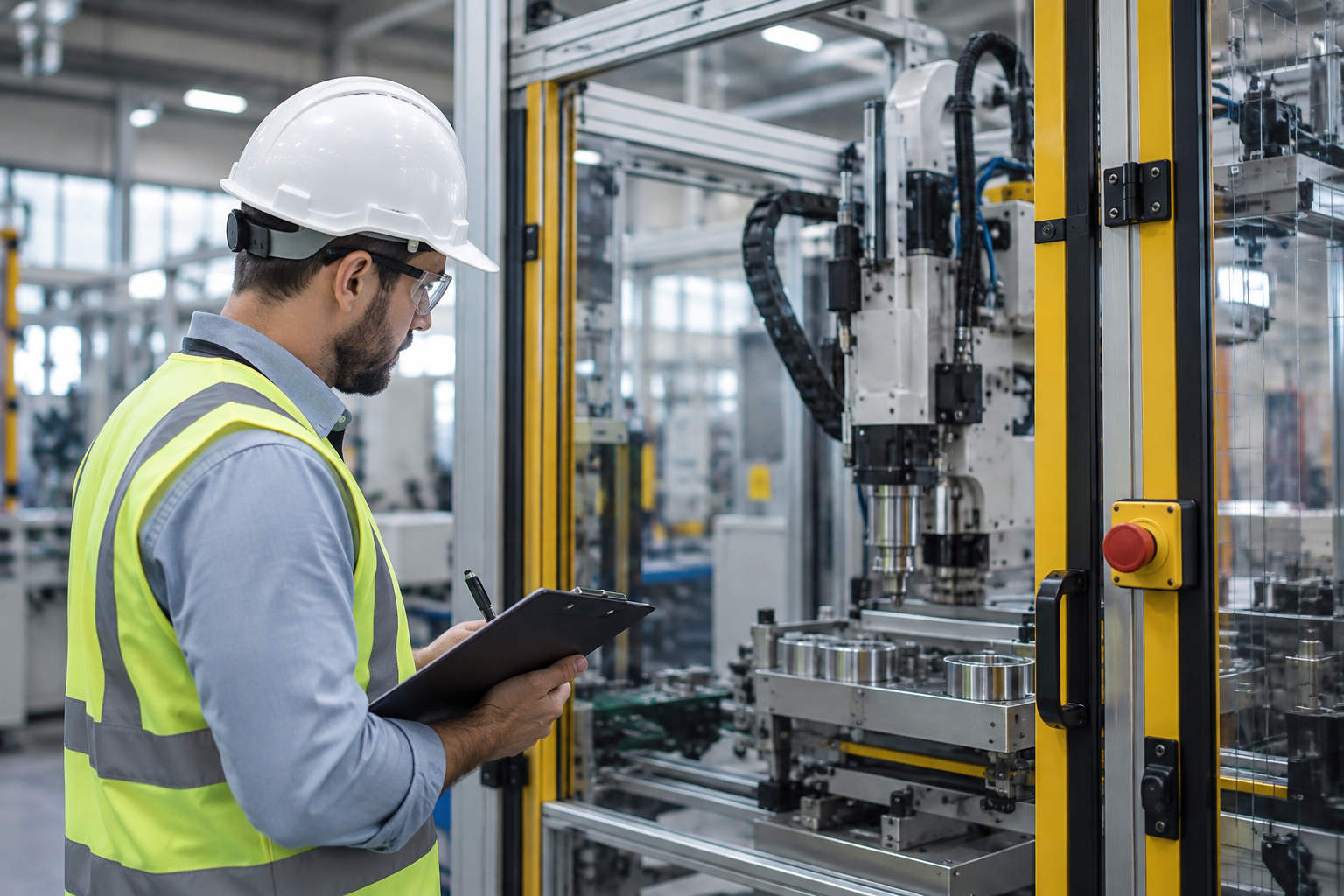 Detalhe de proteção intertravada e painel de comando de uma máquina industrial