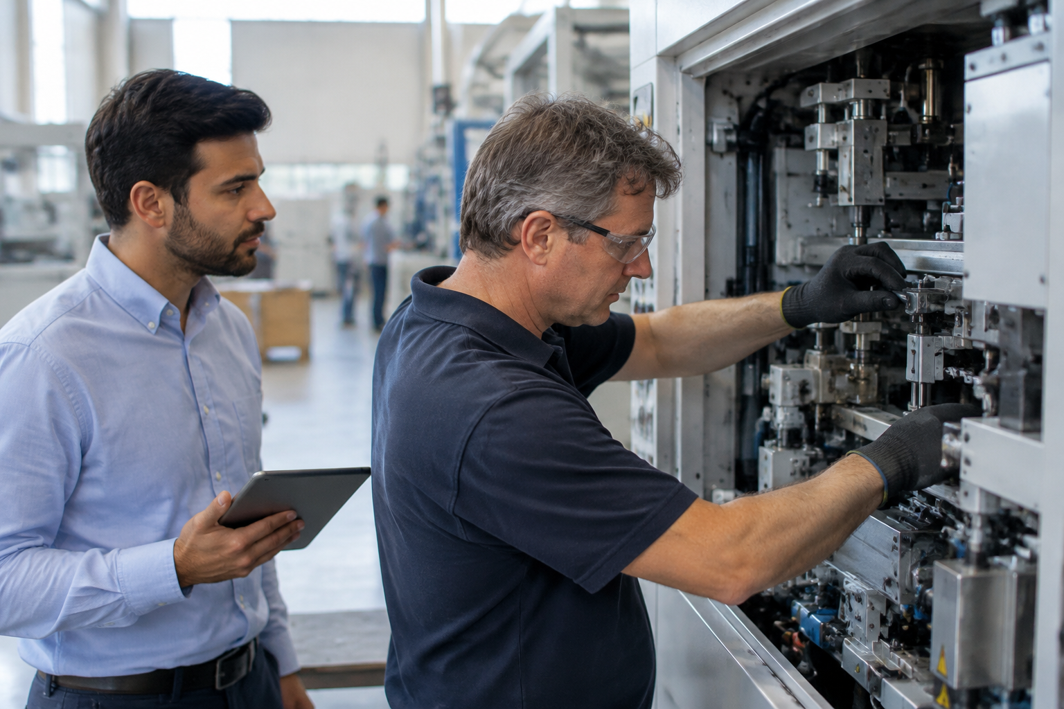 Detalhe de painel de máquina industrial durante ajuste técnico, com documentação de instalação ao lado