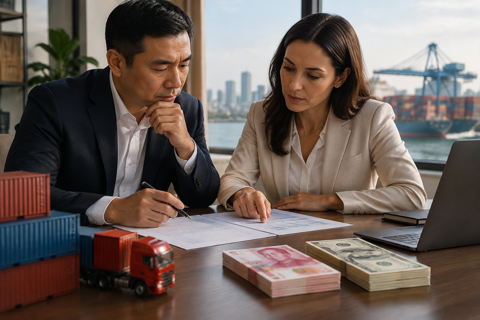 Planilha de comparação de pagamentos em reais, dólares e yuan ao lado de uma fatura comercial de importação.