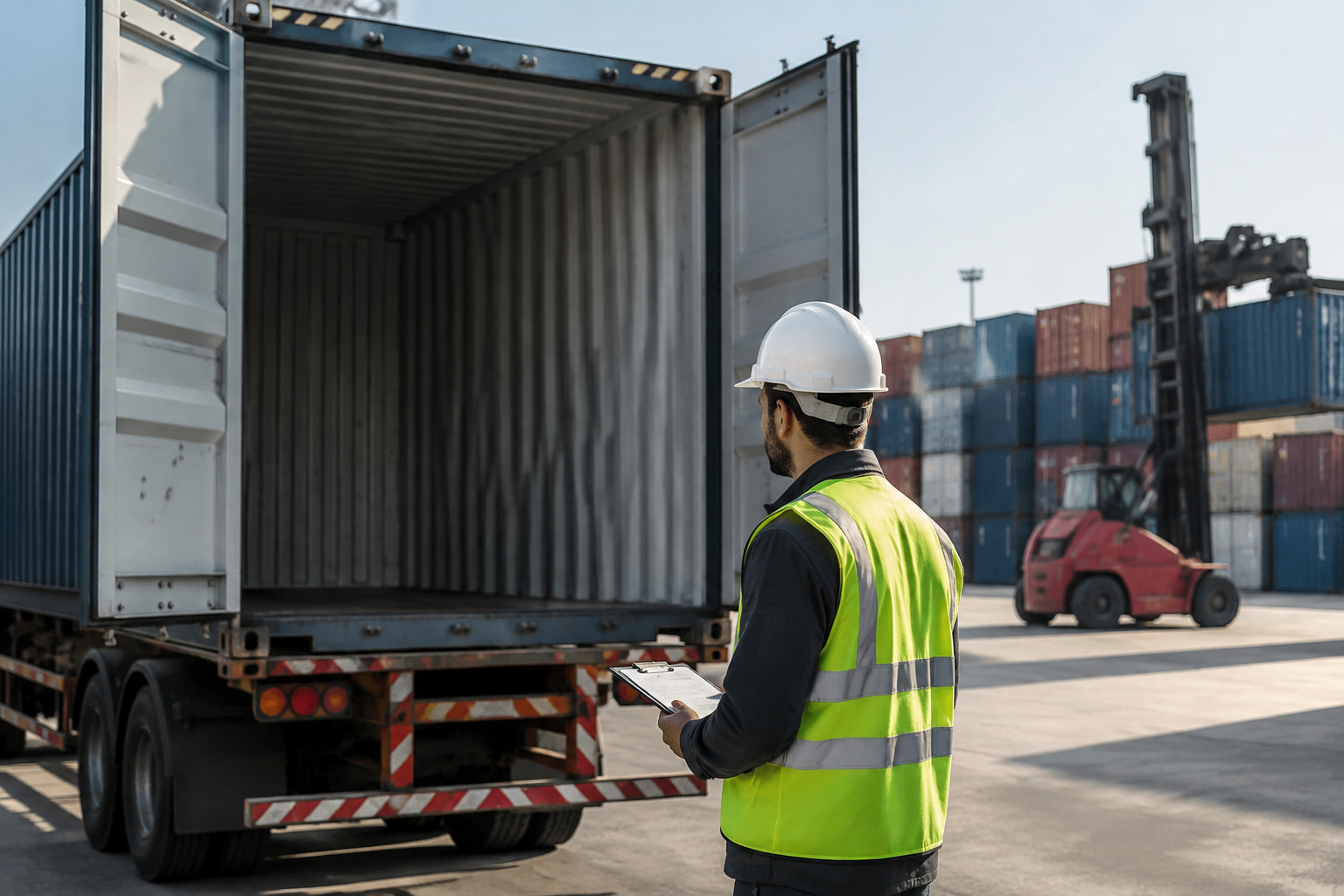 Contêiner vazio com portas abertas em área de descarga, aguardando transporte para devolução.